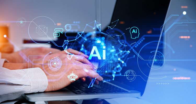 Computador sendo digitado por um humano, com símbolos que remetem a IA, representando a tecnologia e Inteligência artificial para negócios.