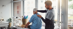 Profissional de fisioterapia aplicando tratamento em paciente com dor crônica, representando a atuação da fisioterapia no manejo da dor.