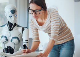 Mulher trabalhando em escritório ao lado de robô humanoide, representando a aplicação prática de agentes de IA e automação inteligente nos negócios.