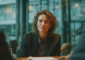 Mulher mediadora conduz uma sessão de mediação e conciliação entre duas partes, em um ambiente corporativo moderno, transmitindo confiança e escuta ativa.