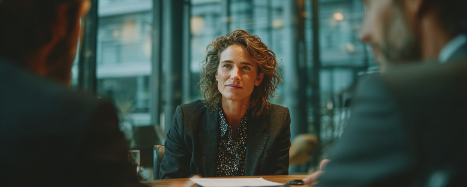 Mulher mediadora conduz uma sessão de mediação e conciliação entre duas partes, em um ambiente corporativo moderno, transmitindo confiança e escuta ativa.