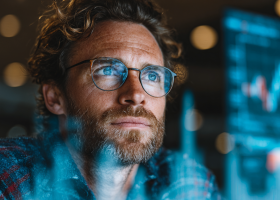 Profissional analisando dados com uso de IA na contabilidade em ambiente digital