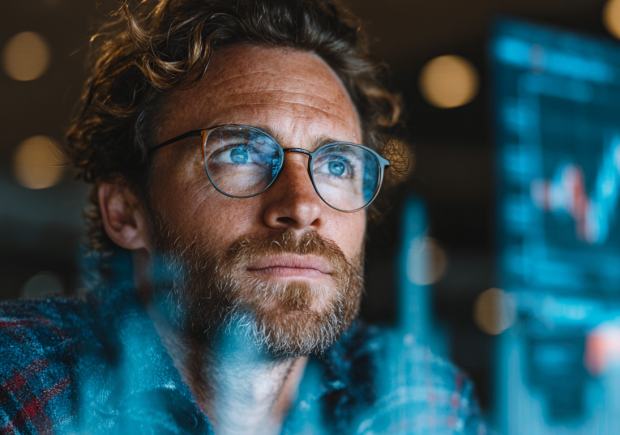 Profissional analisando dados com uso de IA na contabilidade em ambiente digital