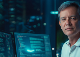 Perito digital diante de monitores com códigos em análise, ilustrando a atuação da computação forense em investigações reais.