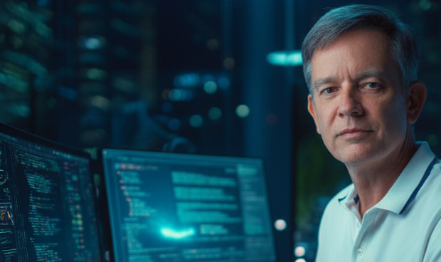 Perito digital diante de monitores com códigos em análise, ilustrando a atuação da computação forense em investigações reais.