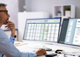 Homem analisa planilhas e documentos fiscais em dois monitores, representando a importância do planejamento e gestão tributária.