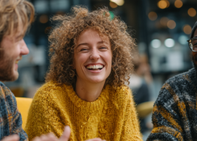 grupo de jovens profissionais diversos, sorrindo e batendo palmas em um ambiente de trabalho moderno, transmitindo leveza, engajamento e colaboração.