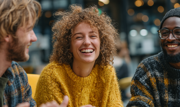 grupo de jovens profissionais diversos, sorrindo e batendo palmas em um ambiente de trabalho moderno, transmitindo leveza, engajamento e colaboração.