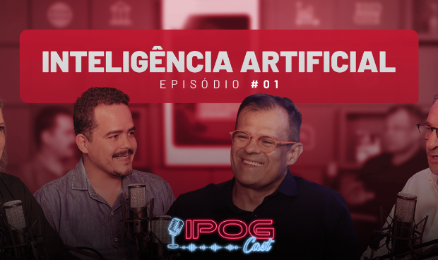 convidados do IPOG Cast reunidos no estúdio do IPOG Cast falando sobre inteligência artificial