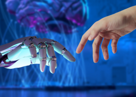 Mãos de robô e mãos de humano conectadas