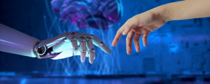 Mãos de robô e mãos de humano conectadas