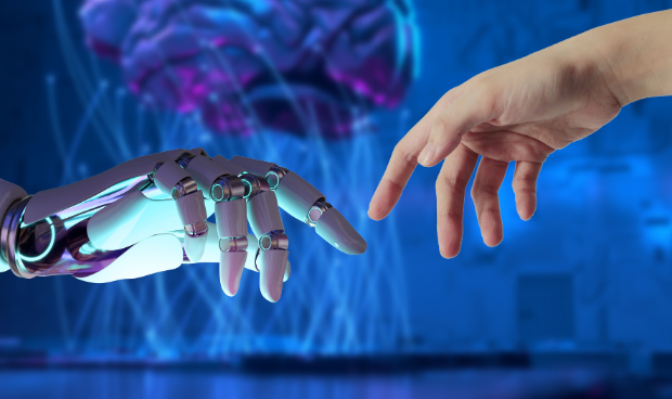 Mãos de robô e mãos de humano conectadas