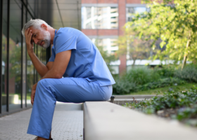 Médico exausto sentado do lado de fora do hospital, com expressão de cansaço e mãos na cabeça, simbolizando os efeitos do burnout na medicina e a importância de soluções como a Inteligência Artificial para reduzir a sobrecarga profissional.