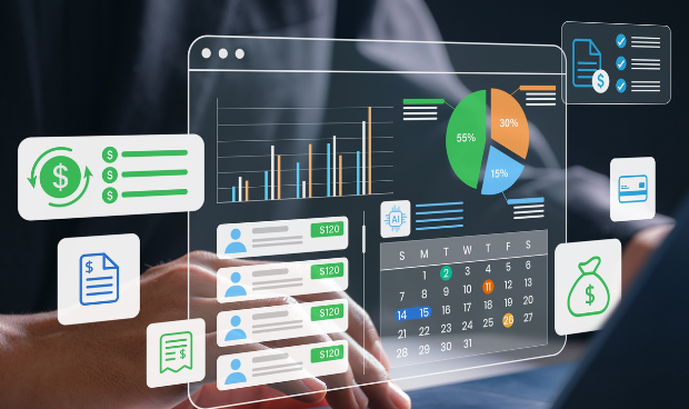 Profissional usando laptop com planilha de Excel com IA exibindo gráficos, indicadores financeiros e painéis inteligentes de produtividade.