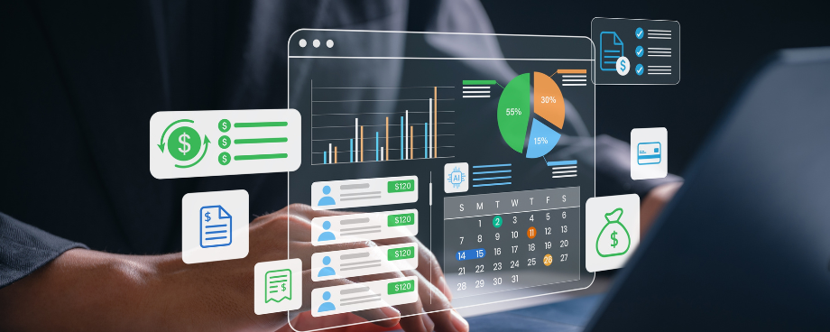 Profissional usando laptop com planilha de Excel com IA exibindo gráficos, indicadores financeiros e painéis inteligentes de produtividade.